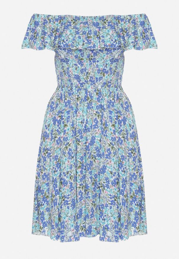 Born2be - Niebieska Sukienka z Bawełny Typu Hiszpanka z Falbankami w Kwiaty Aenne. Okazja: na spacer, na imprezę. Typ kołnierza: kołnierz z falbankami, dekolt hiszpanka. Kolor: niebieski. Materiał: bawełna. Wzór: kwiaty. Sezon: lato. Styl: elegancki