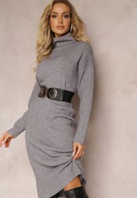 Renee - Szara Dopasowana Sukienka Dzianinowa z Golfem i Wełną Moustie. Typ kołnierza: golf. Kolor: szary. Materiał: dzianina, wełna. Sezon: jesień, zima #3
