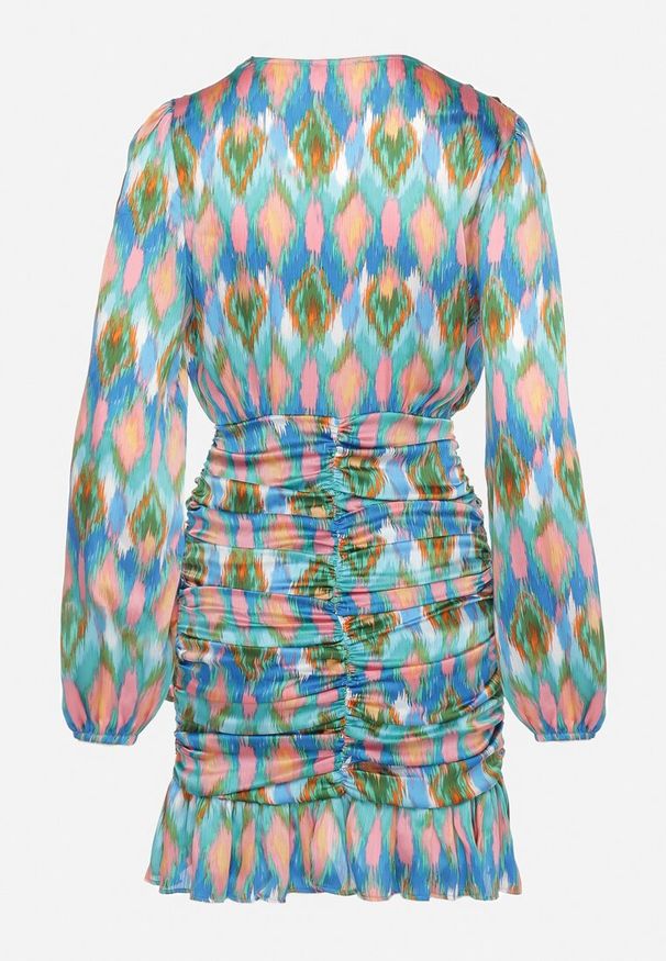 Born2be - Niebiesko-Zielona Dopasowana Sukienka Mini z Kopertową Górą Falbankami i Marszczeniami Onorelia. Typ kołnierza: kołnierz z falbankami. Kolor: niebieski. Typ sukienki: kopertowe. Długość: mini