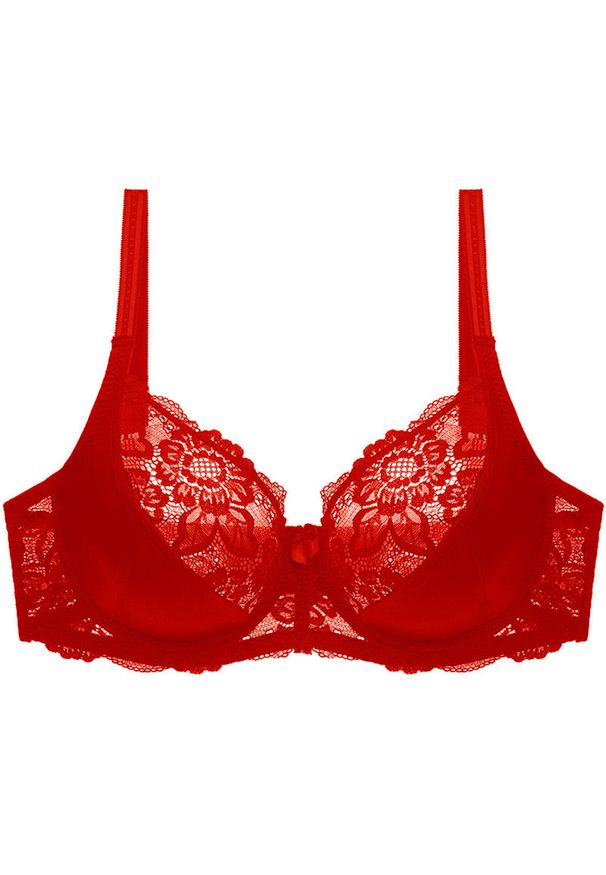 Intica - Biustonosz koronkowy push-up z efektem dekoltu Edda. Kolor: czerwony. Materiał: koronka. Rodzaj stanika: push-up. Wzór: koronka