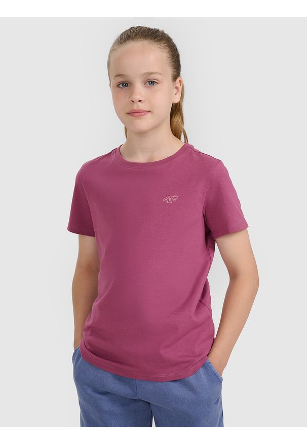 4f - 4F T-shirt oversize gładki dziewczęcy - fioletowy 146 (10-11 lat). Okazja: na co dzień. Kolor: fioletowy. Materiał: dzianina, jersey, bawełna. Długość rękawa: krótki rękaw. Długość: krótkie. Wzór: gładki. Sezon: lato. Styl: casual, klasyczny, sportowy