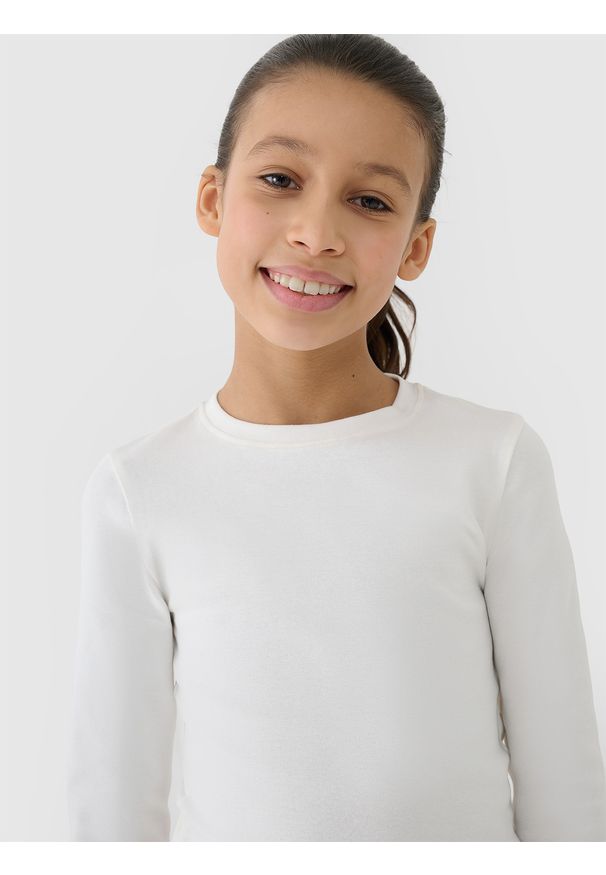 4f - 4F Longsleeve slim crop top gładki dziewczęcy - biały 152 (11-12 lat). Okazja: na co dzień. Kolor: biały. Materiał: dzianina, materiał, bawełna, elastan. Długość rękawa: długi rękaw. Długość: długie. Wzór: gładki. Sezon: lato. Styl: sportowy, casual
