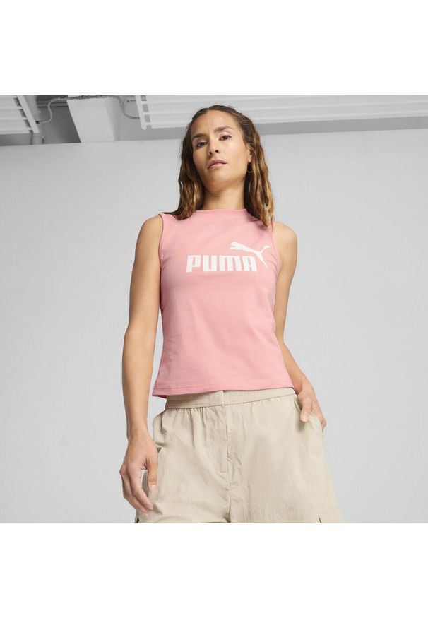 Puma - Damska wąska koszulka bez rękawów z logo No. 1 ESS PUMA Rose Quartz Pink. Kolor: różowy. Materiał: guma. Długość rękawa: bez rękawów. Wzór: nadruk. Sport: bieganie