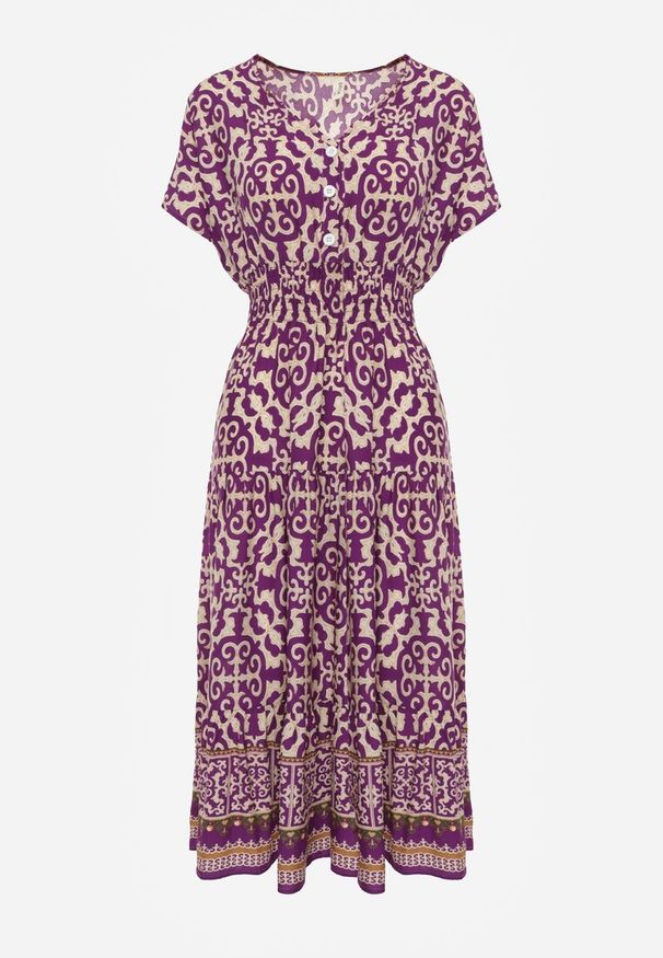 Renee - Ciemnofioletowa Sukienka z Bawełny z Trójkątnym Dekoltem i Gumką w Talii Zapinana na Guziki Lavlea. Okazja: na co dzień. Kolor: fioletowy. Materiał: bawełna. Długość rękawa: krótki rękaw. Sezon: lato. Typ sukienki: proste. Styl: casual, wizytowy