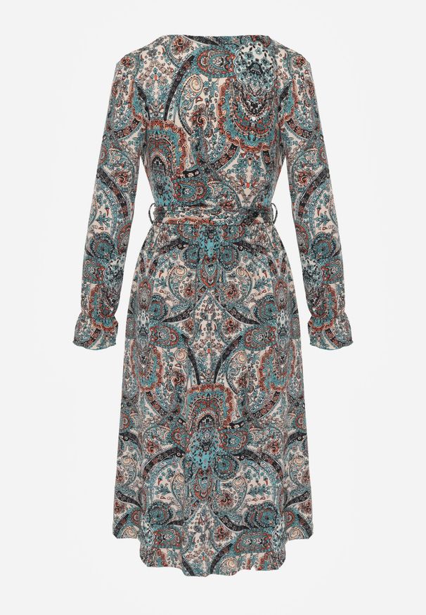 Born2be - Zielona Sukienka z Gumką w Pasie i Wzorem Paisley Faendra. Kolor: zielony. Materiał: materiał. Długość rękawa: długi rękaw. Wzór: paisley. Typ sukienki: kopertowe