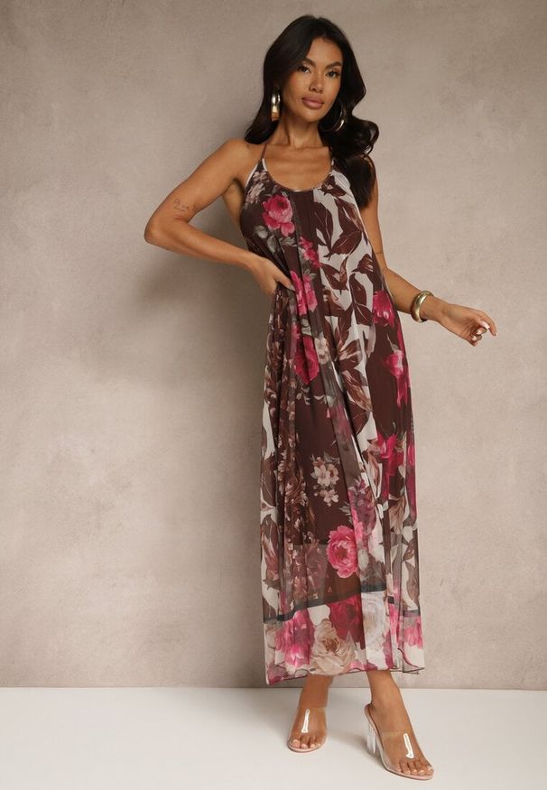 Renee - Brązowa Kwiatowa Sukienka Siateczkowa z Wiskozą Izurelia. Okazja: na co dzień. Kolor: brązowy. Materiał: wiskoza. Wzór: kwiaty. Typ sukienki: proste. Styl: casual, elegancki