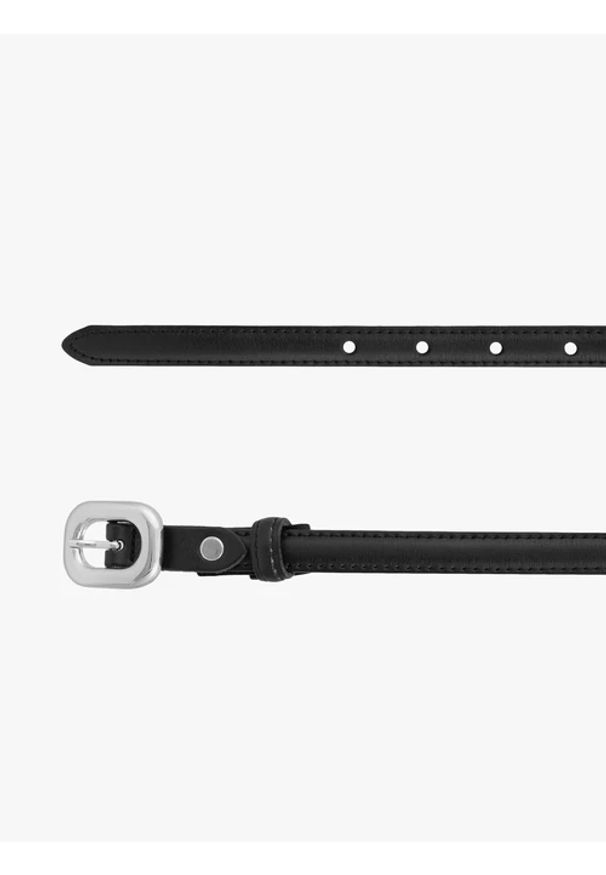 Ryłko - Czarny pasek damski ze skóry licowej ze srebrną klamrą. Kolor: czarny. Materiał: skóra. Wzór: aplikacja