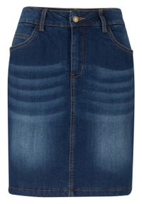 Spódnica dżinsowa ocieplana bonprix ciemnoniebieski. Kolor: niebieski. Materiał: materiał, bawełna, poliester, elastan #1