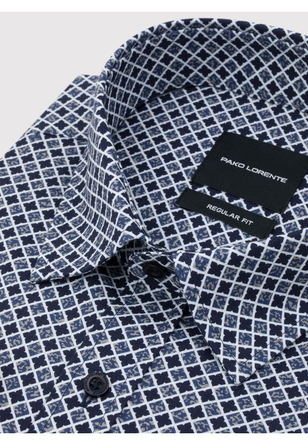 Pako Lorente - PAKO LORENTE – Granatowa koszula we wzór geometryczny. Kolor: niebieski. Materiał: bawełna, elastan. Długość rękawa: długi rękaw. Długość: długie. Wzór: geometria