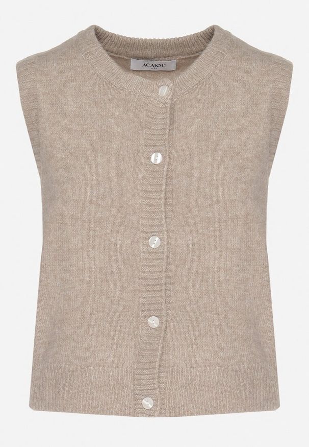 Born2be - Beżowa Rozpinana Kamizelka z Wełną Eravina. Okazja: na co dzień. Kolor: beżowy. Materiał: wełna. Styl: klasyczny, elegancki, casual