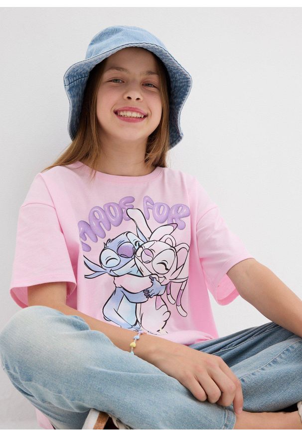 bonprix - Koszulka Disney Stitch z czystej bawełny. Kolor: różowy. Materiał: bawełna. Wzór: motyw z bajki