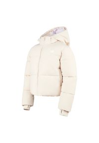 Kurtka dziecięca New Balance LAKG0230BIS – beżowa. Typ kołnierza: kaptur. Kolor: beżowy. Materiał: bawełna, poliester, puch, syntetyk. Wzór: aplikacja. Styl: młodzieżowy #2