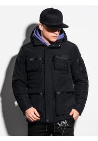 Ombre Clothing - Kurtka męska zimowa C450 - czarna - XXL. Kolor: czarny. Materiał: poliester. Wzór: aplikacja. Sezon: zima