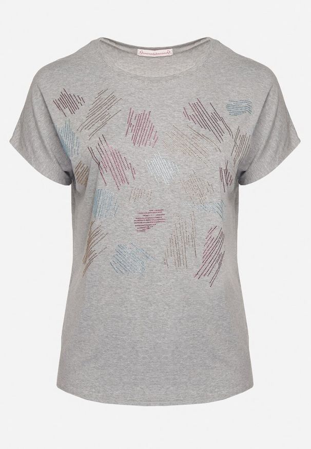 Born2be - Szary Klasyczny Bawełniany T-shirt Ozdobiony Cyrkoniami Christara. Kolor: szary. Materiał: bawełna. Wzór: aplikacja. Sezon: lato. Styl: klasyczny