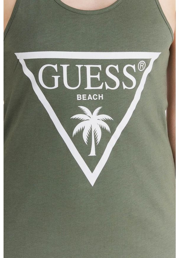 Guess - GUESS Zielona sukienka z trójkątnym logo. Kolor: zielony. Materiał: bawełna. Wzór: nadruk