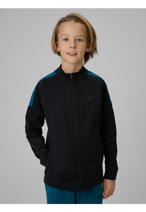4f - 4F Bluza sportowa regular bez kaptura chłopięca - czarna 158/164 (12-14 lat). Okazja: na co dzień. Typ kołnierza: bez kaptura. Kolor: czarny. Sezon: lato. Styl: sportowy