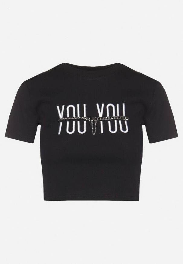 Born2be - Czarny Bawełniany T-shirt z Napisem i Łańcuchem Olimelia. Kolor: czarny. Materiał: bawełna. Wzór: napisy