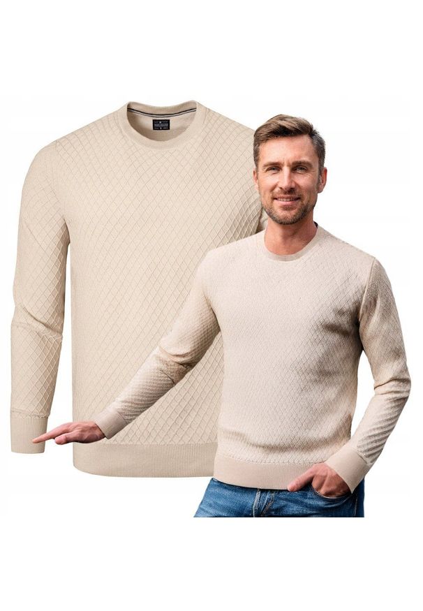 Bawełniany Sweter Męski, Okrągły Dekolt - Pako Jeans - Ecru, Tkanina z Fakturą. Kolor: brązowy, beżowy, wielokolorowy. Materiał: bawełna. Styl: elegancki, klasyczny