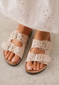 Renee - Beżowe Szydełkowe Klapki z Paskami ze Sprzączkami na Podeszwie z Imitacji Korka Elriess. Okazja: na co dzień. Kolor: beżowy. Materiał: jeans. Wzór: paski, ażurowy. Styl: boho, klasyczny, casual #5
