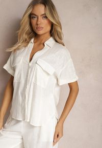 Renee - Biała Bawełniana Koszula z Lnem o Klasycznym Fasonie Leontia. Kolor: biały. Materiał: bawełna, len. Styl: klasyczny #3