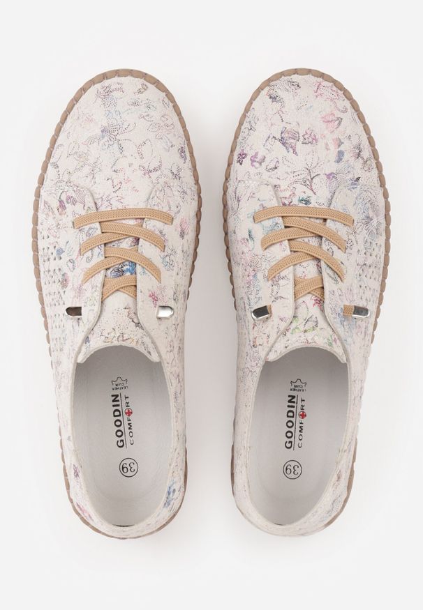 Born2be - Beżowo-Różowe Skórzane Sneakersy w Kwiaty z Ażurowym Wzorem Rionela. Zapięcie: sznurówki. Kolor: beżowy. Materiał: skóra. Wzór: ażurowy, kwiaty. Sezon: lato