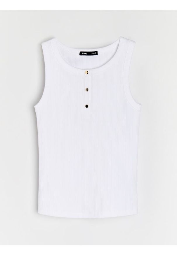 Sinsay - Bawełniana bluzka bez rękawów z guzikami - biały. Kolor: biały. Materiał: bawełna. Długość rękawa: bez rękawów