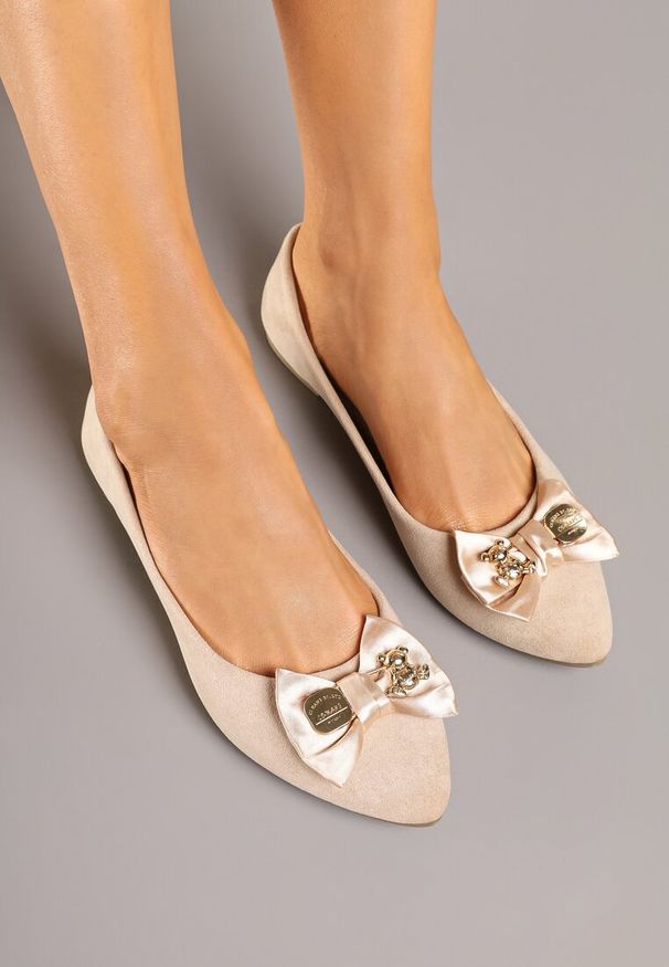 Born2be - Beżowe Balerinki ze Skórzaną Wkładką z Kokardą Galethia. Okazja: na co dzień. Kolor: beżowy. Materiał: skóra. Styl: elegancki, casual