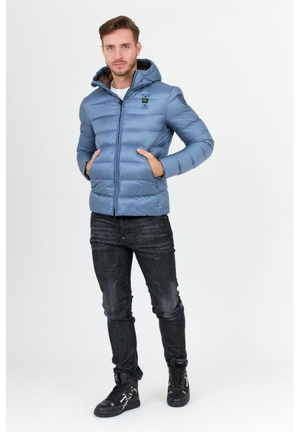 Blauer USA - BLAUER Niebieska puchowa kurtka męska z kapturem, Rozmiar 3XL. Typ kołnierza: kaptur. Kolor: niebieski. Materiał: puch
