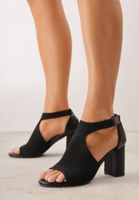 Renee - Czarne Sandały Soft Fit VICES na Obcasie w Stylu Botków z Elastyczną Ażurową Cholewką Comfort Omphopis. Zapięcie: rzepy. Kolor: czarny. Materiał: materiał, jeans. Wzór: ażurowy. Obcas: na obcasie. Wysokość obcasa: średni #10