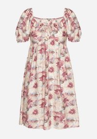 Born2be - Różowa Sukienka z Bufiastymi Rękawami i Wiązaniem przy Dekolcie z Gumką na Plecach Vikninna. Okazja: na randkę, na co dzień. Kolor: różowy. Materiał: jeans. Wzór: aplikacja, kwiaty. Sezon: lato. Styl: casual #7