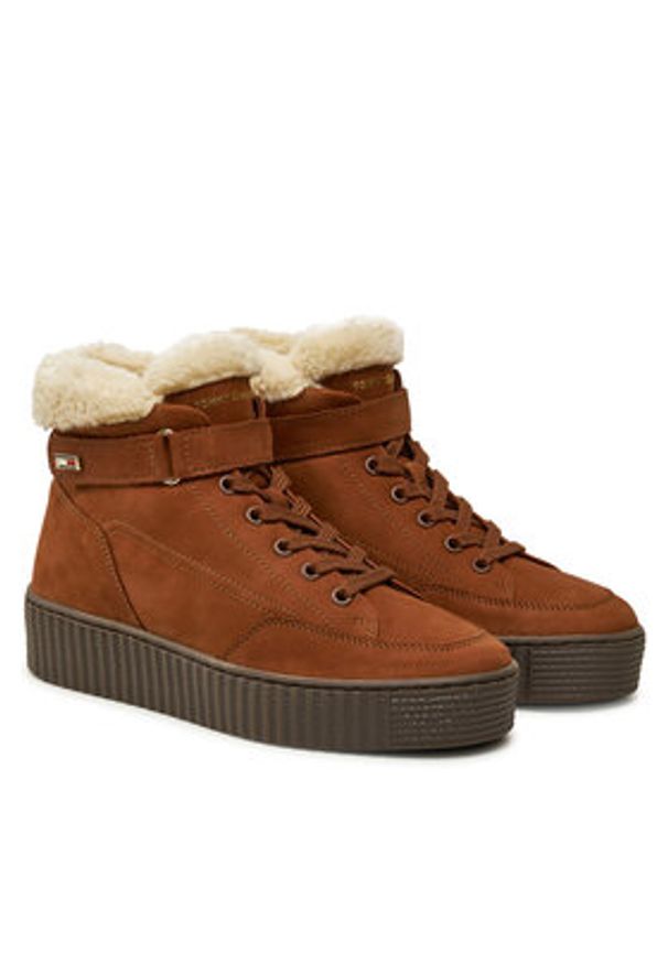 TOMMY HILFIGER - Tommy Hilfiger Botki Faux Fur Nubuck Low Lace-Up FW0FW08172 Brązowy. Kolor: brązowy. Materiał: skóra