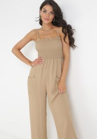 Born2be - Ciemnobeżowy Wiskozowy Kombinezon z Długimi Nogawkami na Ramiączkach Macilles. Kolor: beżowy. Materiał: wiskoza. Długość rękawa: na ramiączkach. Długość: długie #2