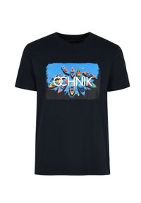 Ochnik - Granatowy T-shirt z kolorowym printem męski. Kolor: niebieski. Materiał: bawełna. Długość rękawa: krótki rękaw. Długość: krótkie. Wzór: kolorowy, nadruk #2