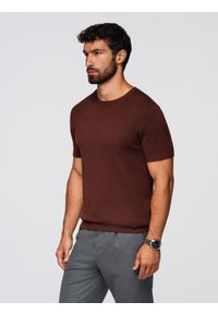 Ombre Clothing - Męska klasyczna dzianinowa koszulka męska ze ściągaczami– ciepłobrązowa V4 - Rozmiar: XL. Kolor: brązowy. Materiał: dzianina. Wzór: gładki, ze splotem. Styl: klasyczny