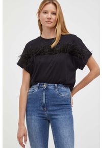 TwinSet - Twinset t-shirt bawełniany kolor czarny. Kolor: czarny. Materiał: bawełna. Długość rękawa: krótki rękaw. Długość: krótkie. Wzór: aplikacja. Styl: klasyczny #1