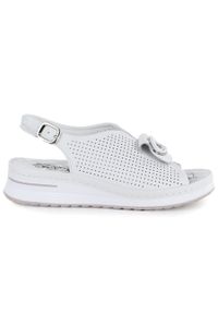 Sandały damskie na koturnie białe eVento 9759. Kolor: biały. Materiał: skóra ekologiczna. Wzór: ażurowy. Obcas: na koturnie #1