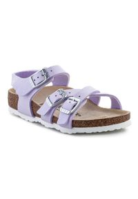 Sandały Birkenstock Kumba Shiny Lizard 1026907 fioletowe. Okazja: na spacer, na plażę, na co dzień. Zapięcie: pasek. Kolor: fioletowy. Materiał: materiał. Wzór: paski. Sezon: lato. Styl: elegancki, casual #1