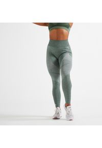 DOMYOS - Legginsy fitness damskie Domyos 900. Stan: podwyższony. Kolor: zielony, beżowy, brązowy, wielokolorowy. Materiał: poliester, elastan, poliamid, materiał. Sport: fitness