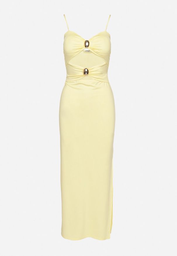 Born2be - Żółta Sukienka Dopasowana na Ramiączkach z Wycięciami pod Biustem i Metalowymi Detalami Galentia. Okazja: na co dzień. Kolor: żółty. Długość rękawa: na ramiączkach. Styl: casual, klasyczny