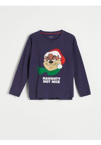 Reserved - Świąteczny longsleeve Diabeł Tasmański - granatowy. Kolor: niebieski. Materiał: dzianina, bawełna. Długość rękawa: długi rękaw. Styl: wizytowy #1