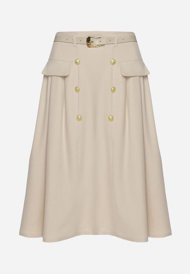 Born2be - Beżowa Spódnica o Rozkloszowanym Kroju z Paskiem w Talii i Ozdobnymi Guzikami Vikkila. Okazja: na co dzień, do pracy. Kolor: beżowy. Materiał: satyna. Wzór: aplikacja. Styl: casual, elegancki, wizytowy