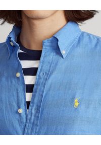 Ralph Lauren - RALPH LAUREN - Niebieska koszula Slim Fit. Typ kołnierza: polo. Kolor: niebieski. Materiał: len. Wzór: haft