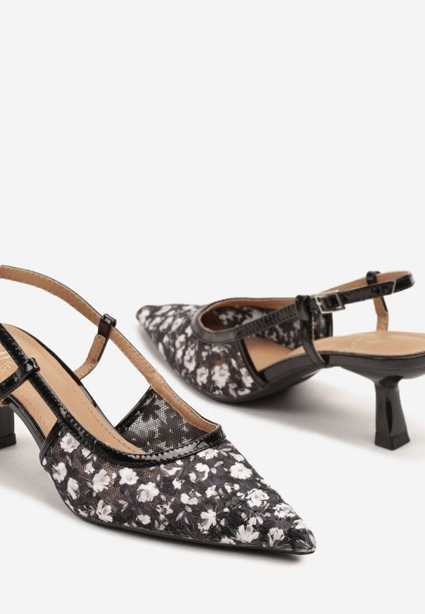 Born2be - Czarne Sandały Slingback z Siateczki w Kwiatki na Obcasie Typu Kaczuszka Lisanis. Okazja: na co dzień. Zapięcie: pasek. Kolor: czarny. Wzór: kwiaty. Sezon: wiosna, lato. Obcas: na obcasie. Styl: klasyczny, casual, elegancki. Wysokość obcasa: średni