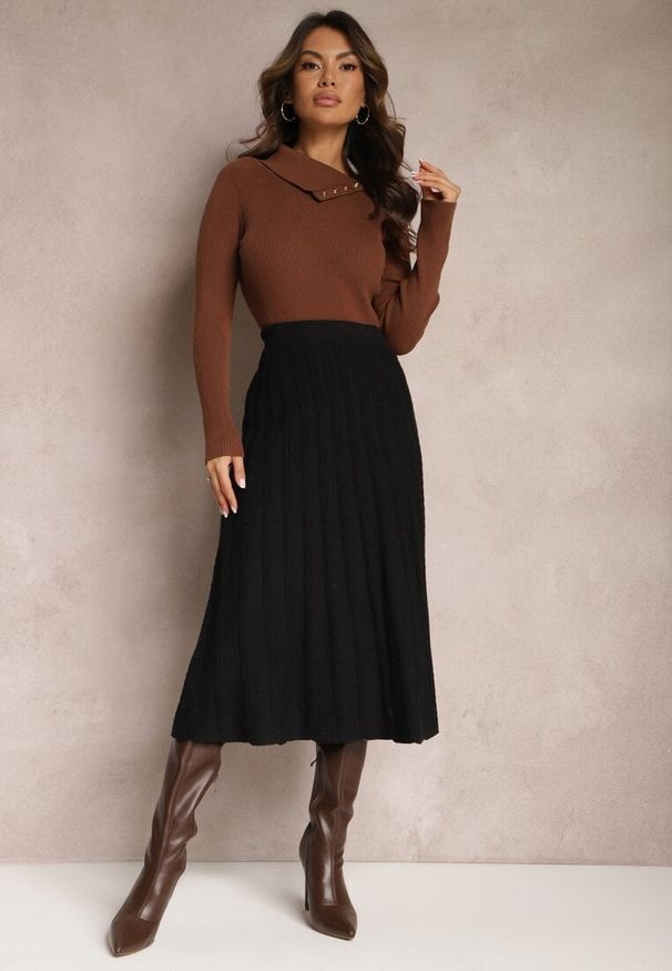 Renee - Czarna Dzianinowa Spódnica Trapezowa Midi Arion. Kolor: czarny. Materiał: dzianina. Styl: elegancki