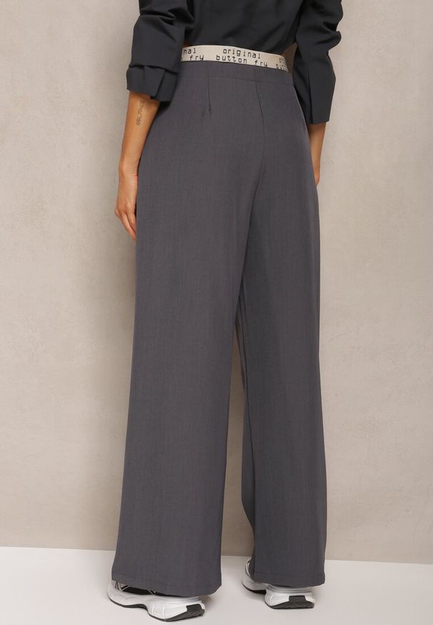 Renee - Szare Szerokie Spodnie w Stylu Garniturowym High Waist Folara. Okazja: na spotkanie biznesowe, do pracy. Stan: podwyższony. Kolor: szary. Styl: biznesowy