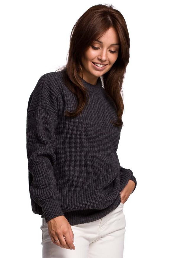 MOE - Sweter Oversize o Przedłużonym Kroju - Grafitowy. Kolor: szary. Materiał: wełna, akryl, poliamid