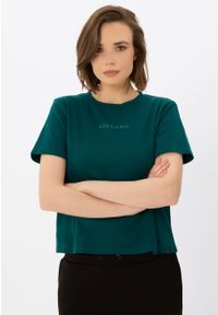 Volcano - Koszulka Comfort Fit T-AVI. Kolor: turkusowy. Materiał: skóra, materiał, bawełna. Długość: krótkie. Wzór: napisy. Styl: klasyczny