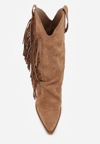 Born2be - Brązowe Botki Typu Kowbojki na Obcasie z Wywiniętą Cholewką i Frędzlami Uemiris. Okazja: na co dzień. Kolor: brązowy. Materiał: skóra, jeans. Szerokość cholewki: normalna. Wzór: gładki. Obcas: na obcasie. Styl: casual. Wysokość obcasa: średni #6