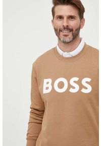 BOSS bluza bawełniana męska kolor beżowy z nadrukiem. Kolor: beżowy. Materiał: bawełna. Wzór: nadruk. Styl: klasyczny #1