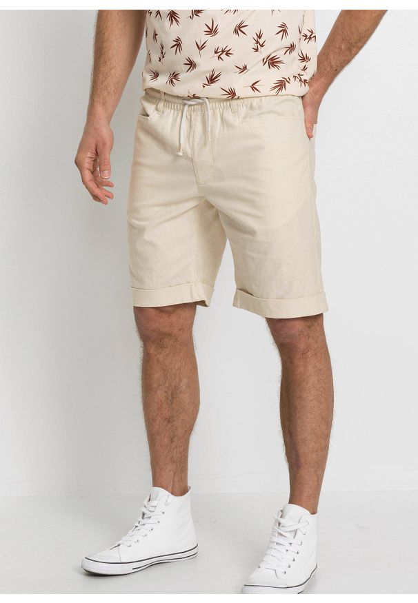 bonprix - Bermudy z gumką w talii, z przewiewnego materiału z lnem, regular fit. Kolor: beżowy. Materiał: len, materiał